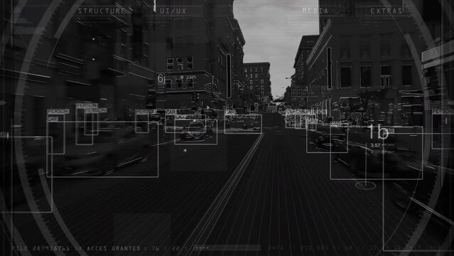 POV San Francisco Avenue with Artificial Intelligence Object Recognition showing Objects Details and Information For Traffic And Security Proposes. Augmented Reality 