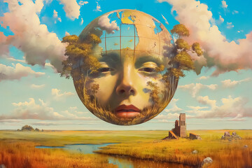 Surreal background human face combined with globe flying above the land.