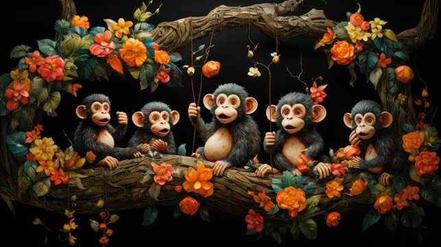 a photo playful group of monkeys swinging from the branches of a lush rainforest, AI Generative
