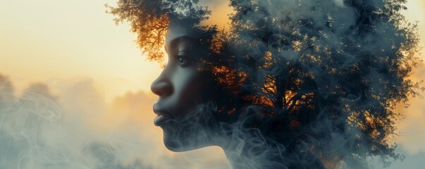 Double exposure of woman and forest silhouette