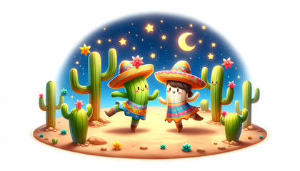 Chibi 3D Cartoon in Desert Dance: Watercolor Landscape with Dancing Cacti under the Stars - Isometric Scene