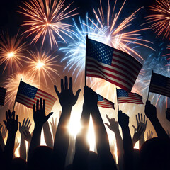 A vibrant display of fireworks lights up the sky above a crowd of people who are seen raising their hands and holding American flags