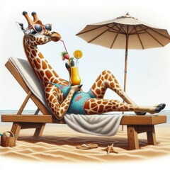 A cartoon giraffe reclines on a beach chair under the shade of an umbrella, sporting sunglasses and casually sipping a tropical drink with a straw