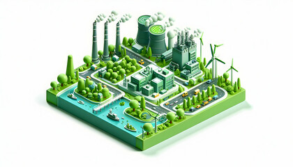 Synergetic 3D Flat Icon: Eco Industrial Hub Fusing Industry and Ecology for Green Business - Isometric Scene