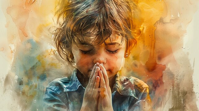 Praying little boy with folded hands