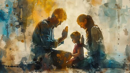 Painting of parents and son praying together, watercolour background