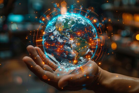 A vivid representation of hands holding a detailed earth hologram surrounded by a glowing network and data points