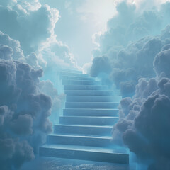 Stairway ascending through fluffy white clouds against a blue sky