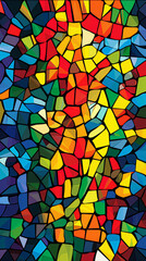 A colorful mosaic of glass pieces with a red and yellow line in the middle. The image is abstract and has a vibrant, energetic feel to it