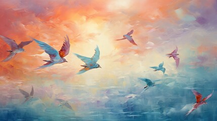 An abstract and expressive representation of a flock of birds flying in a colorful sky, AI Generative