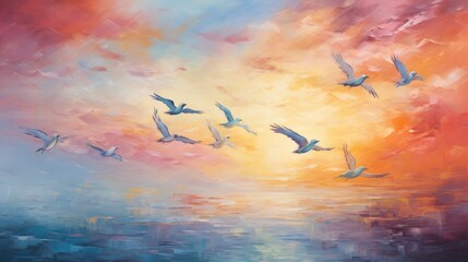 An image abstract and expressive representation of a flock of birds flying in a colorful sky, AI Generative