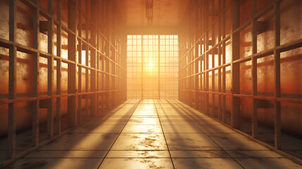 Prison cell with light shining through a barred wind Punishment Isolation on a lighted background
