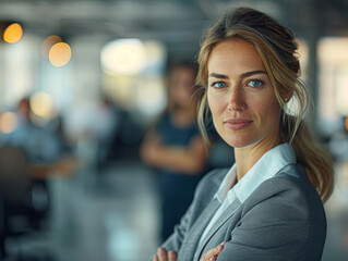 Obraz premium A woman with a business suit and a ponytail is standing in front of a wall. She is wearing a white shirt and a gray jacket