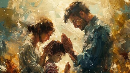 Painting of parents and son praying together, watercolour background