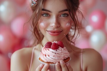 Delighted young woman with curly hair and glitter presenting a frosted cupcake, surrounded by floating balloons