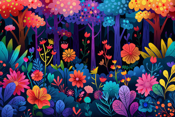 A colorful painting of a forest with many flowers and trees. The painting is full of bright colors and has a whimsical, playful feel to it