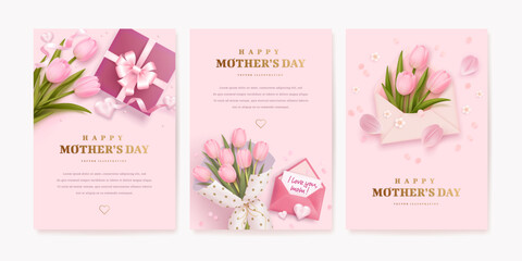 Mother's day greeting background set with 3d tulips, gift box, envelope and golden text. Vector illustration for poster, card, promotional materials, website - obrazy, fototapety, plakaty