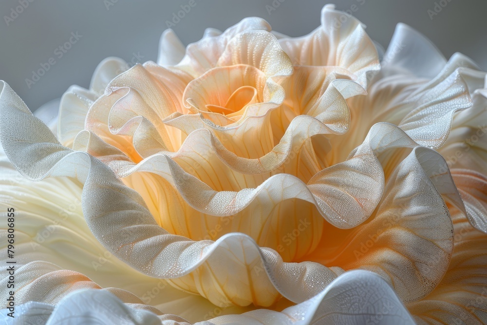 Poster a macro shot capturing the intricate texture and soft colors of a delicate fabric flower with fine d