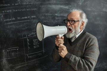 Senior professor shouting through megaphone - 796806879