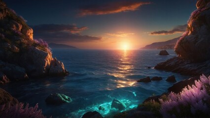 Amazing sunset over the coast and sea