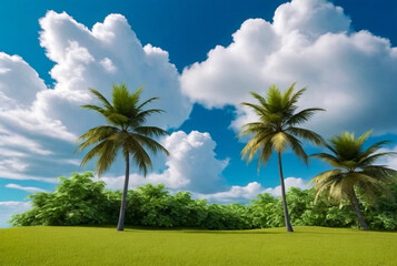 Background tropical nature landscape with two palm trees on amazing blue sky with clouds, fantastic...
