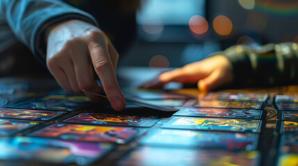 A person is playing with a set of trading cards.