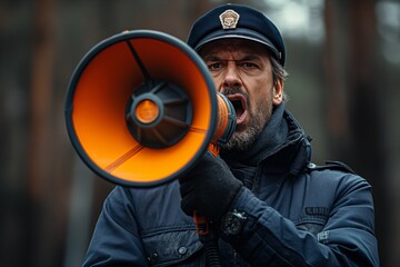 Man in uniform speaking through a megaphone - 796807491