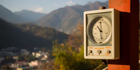 Fotobehang clock in the mountains of the caucasus nature exploration on a blurred background © Hassan
