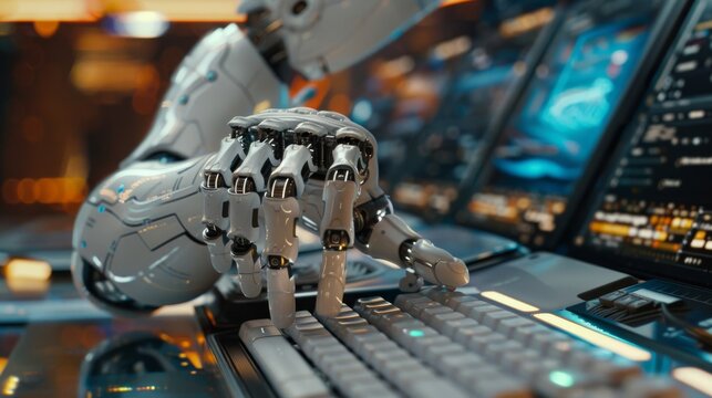 Engrossed in coding,  the robots mechanical fingers deftly type commands into the computer