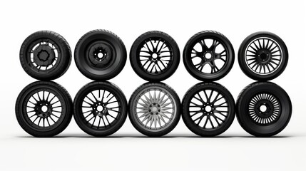 a complete set of car wheels with modded rims realistic on a white background