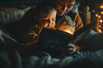 Child reading intently under cozy light - 796808048