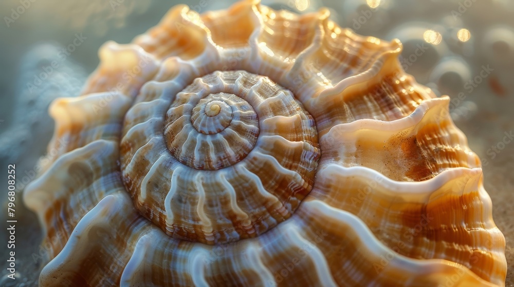 Poster the symmetrical pattern of a seashell with its spirals and perfectly formed curves..