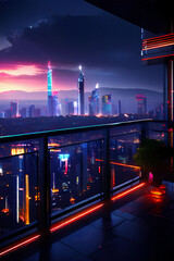 futuristic balcony overlooking a dystopian cityscape digital rain falling led lights illuminating, night view of the city background 