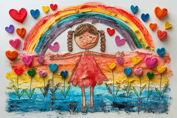 The children's drawing shows a cheerful smiling girl with pigtails under a rainbow on a background of playful hearts and bright colors