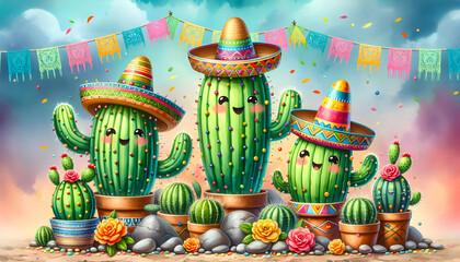 Cinco de Mayo Cacti Celebration: Cartoon Cacti with Festive Decorations on Watercolor Background