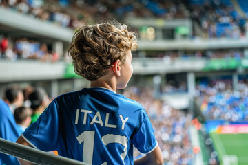 Italian football soccer fans in a stadium supporting the national team, little boy, view from behind, Squadra Azzurra
