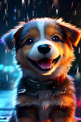 portrait of a dog, cute puppy smiling at camera digital rain falling led lights illuminating the scene