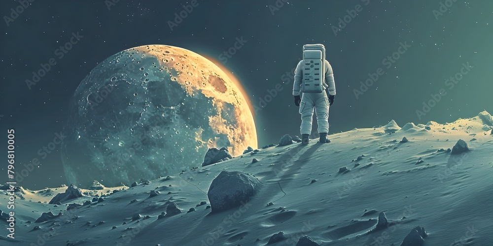Poster lone astronaut on lunar surface mapping and exploring the vast expanse of the moon