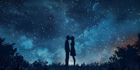 Silhouetted Couple Sharing Intimate Moment Under Starry Night Sky Embracing in Romantic Reverie