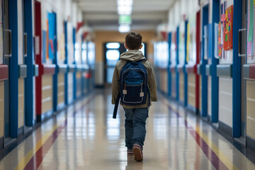 Young boy walking alone in school corridor - 796810029