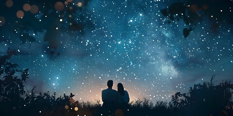 Fototapeta premium Silhouetted Couple Admiring the Vast Starry Sky on a Serene Nighttime Landscape
