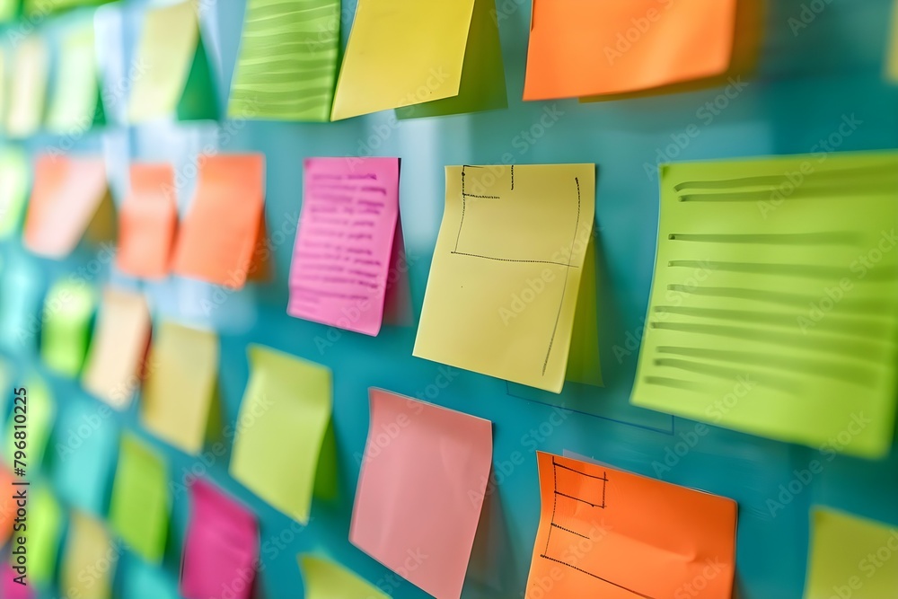 Poster office brainstorming board with sticky notes for idea organization and collaboration. concept brains