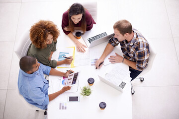 Top view, office and business people in meeting, planning and documents with charts, feedback and...