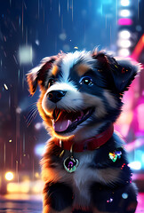 portrait of a dog with christmas decorations, portrait of a dog, cute puppy smiling at camera digital rain falling led lights illuminating the scene