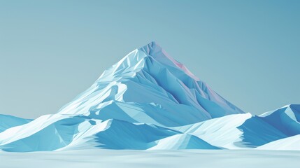 A snow-covered mountain stands tall against a clear blue sky. The pure white snow contrasts with the deep blue of the sky, creating a striking image of natural beauty.