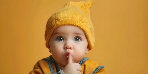 Adorable Baby Boy Making Shushing Gesture with Finger on Lips Keeping a Secretive Curious Expression on Vibrant Orange Background