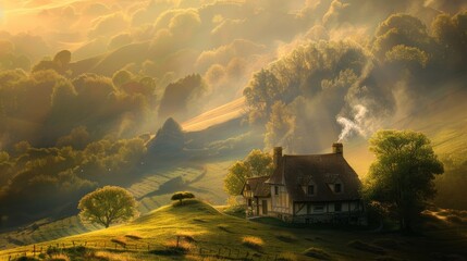 A captivating image of a quaint cottage nestled amidst rolling hills, bathed in the soft light of the morning sun, with wisps of smoke curling from its chimney.