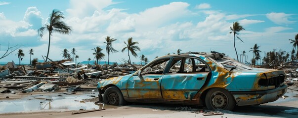 Decimated car amidst tropical storm devastation - 796810886