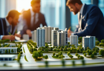 Complex scale model on the table real estate developers architects and businessmen team working on...