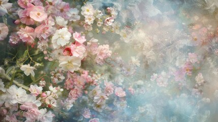 Soft blurred pastel blooms create a whimsical backdrop reminiscent of a peaceful springtime day. .
